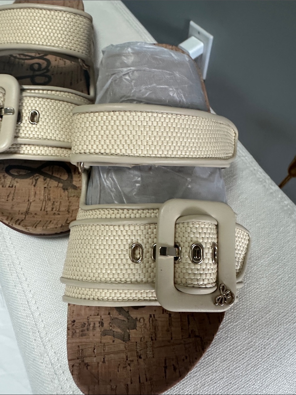 Sam Edelman Cream Woven Buckle Slide Sandals